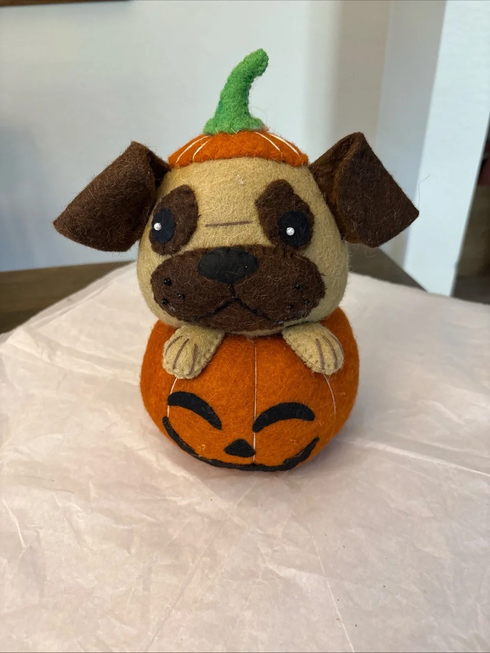 Halloween PUG Wool Plush 11” Jack O Lantern Decor.  New